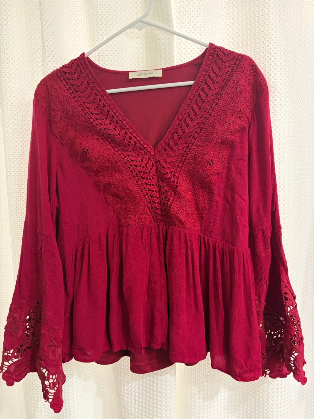 Altar'd State Deep Red Crochet V-Neck Peasant Tunic